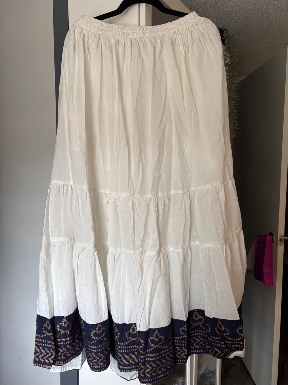 White Tiered Maxi Skirt with Navy Embroidered Hem